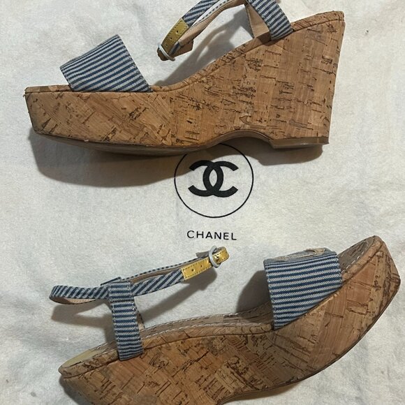 CHANEL Resort Cork Wedges Blue Striped Yellow CC Ankle Strap Shoes 36 6 - Picture 9 of 16